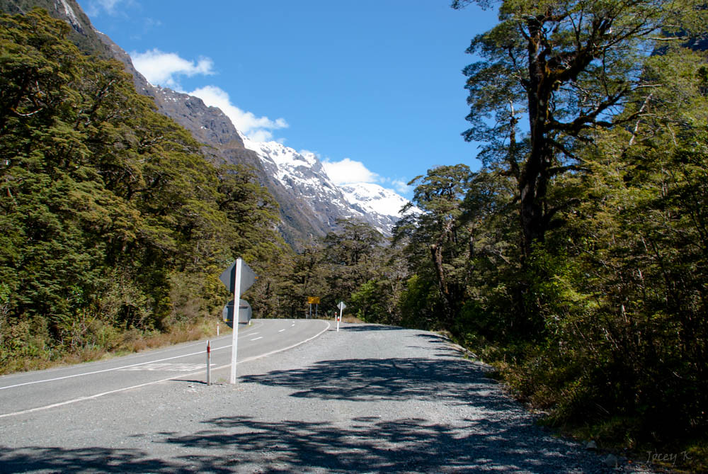 Mountain road winding toward snow-capped peaks